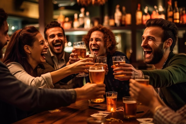 A group of friends toasting and celebrating with their beers in a vibrant well lit bar Generative AI