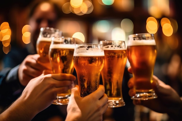 A group of friends toasting their beers in a close up shot with their hands holding the glasses in celebration Generative AI