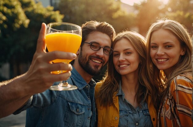 A group of friends toasting with glasses of orange