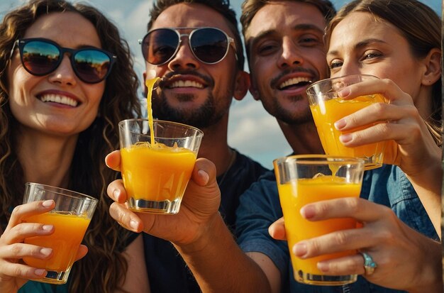 A group of friends toasting with glasses of orange