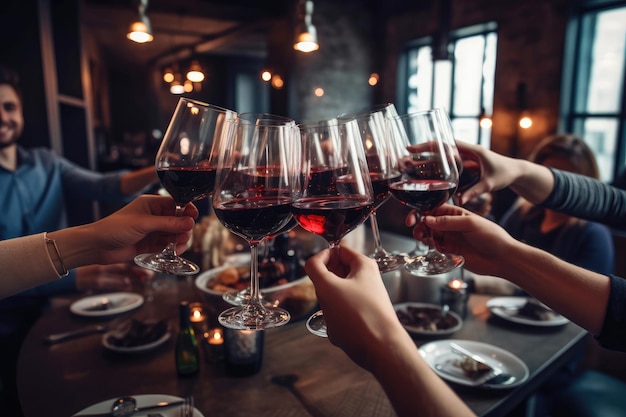 A group of friends toasting with red wine sitting at a restaurant table