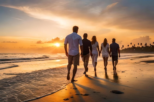 A group of friends walk on a beach at sunset