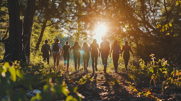 A group of friends walk through a forest path silhouetted against a bright sunset