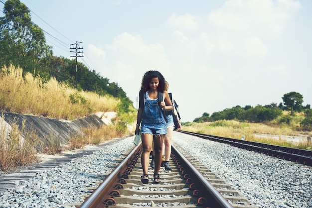 Group of friends walking along railroad tracks