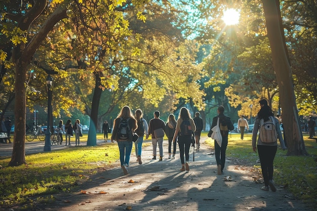 A group of friends walking down a path in the park on a sunny day A group of friends strolling through a park on a sunny day