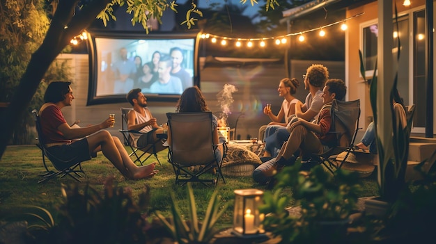 A group of friends watch a movie on a projector screen while sitting around a fire pit in a backyard