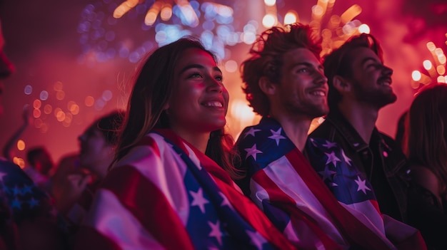 Photo a group of friends watching a 4th of july fireworks show wrapped in american flags