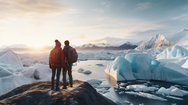 Photo group of friends with icebergs in jokulsarlon lagoon iceland