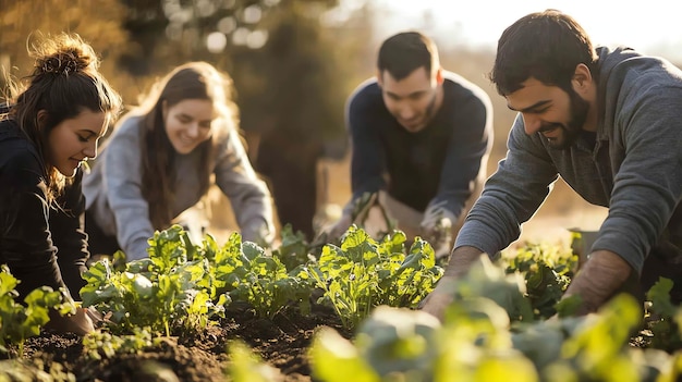 Group of friends working together in a community garden