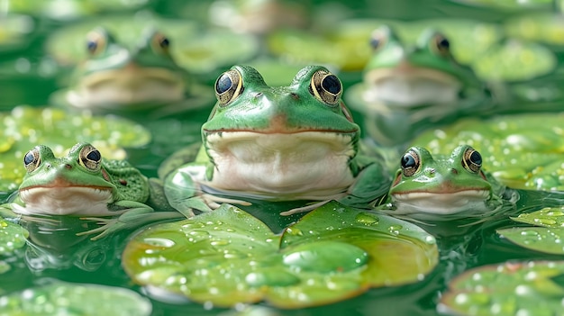 Photo a group of frogs are sitting in a circle with their eyes open