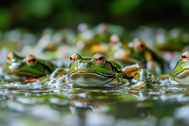 a group of frogs are sitting in a puddle of water