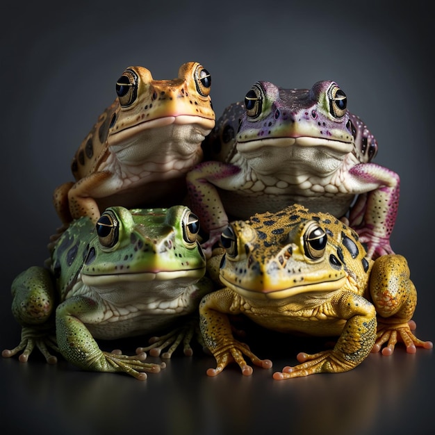 A group of frogs are sitting together, one of which is purple and green.