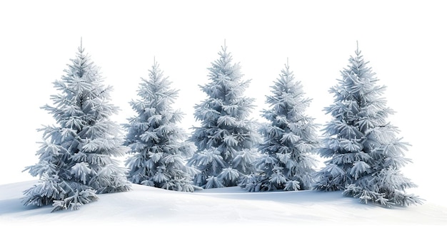 Group of frosty spruce trees in snow isolated on white