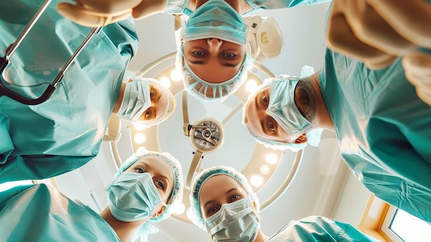 A group of funny and cheerful doctors standing together in front of a mirror laughing and sharing a moment of camaraderie