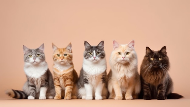 A group of funny multicolored different breeds cats looks into the camera Cats on an peachcolored beige background Funny pets Copy space Banner Generative AI