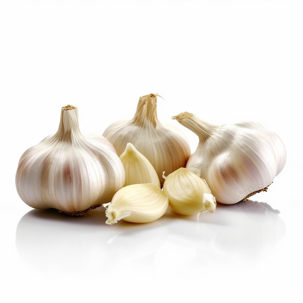 A group of garlic is laying on a white surface.