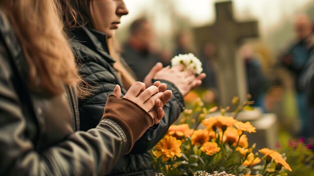 Photo group gathered at a graveside ceremony holding flowers and clapping in a respectful gesture