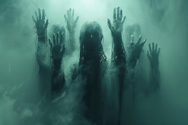 A group of ghostly hands reaching out from behind foggy glass creating an eerie and mysterious atmo