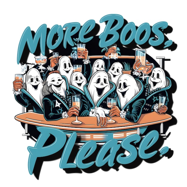 A group of ghosts at a bar with drinks with the phrase More Boos Please