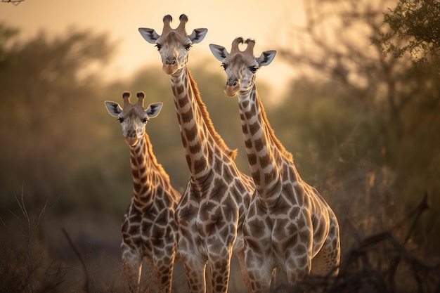 A group of giraffes are walking in the wild.