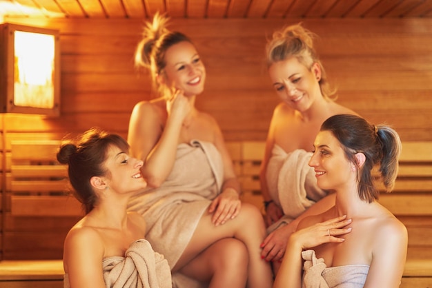 Group of girl friends in the sauna