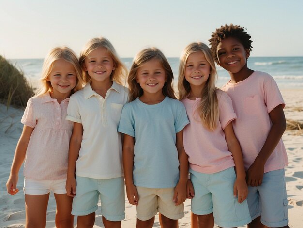 a group of girls are posing for a photo on the beach