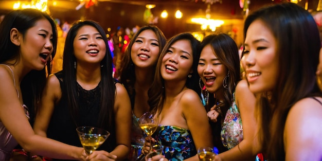 a group of girls are posing for a photo with the word party on the wall