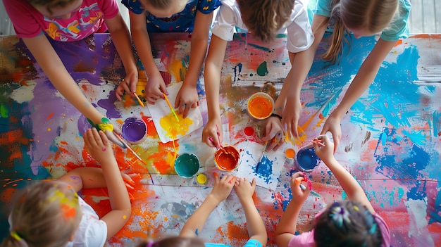 a group of girls are sitting around a table with paint on them