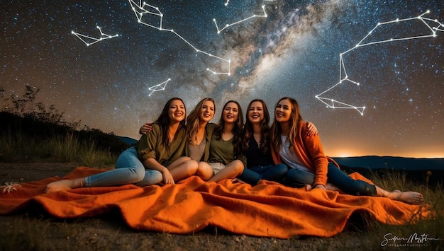 a group of girls are sitting on a blanket with a star in the sky behind them