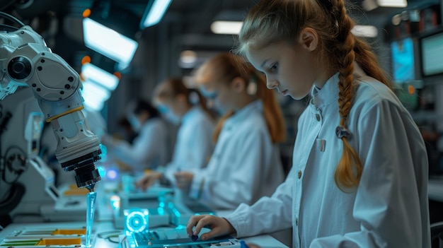 a group of girls are working on a computer in a lab