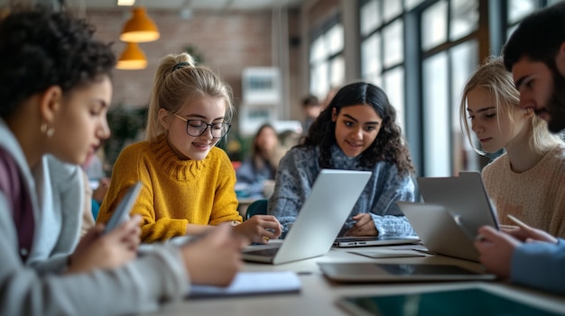 Photo a group of girls are working on their laptops and one has a yellow sweater on