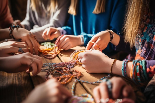 a group of girls are working together with yarn.