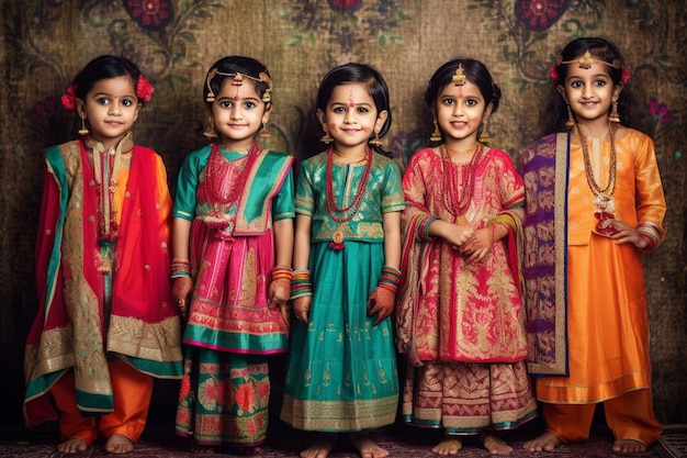 A group of girls in colorful dresses stand in a row.