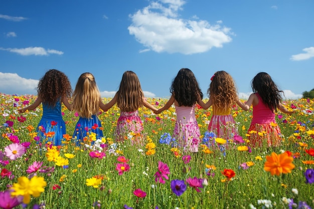 Photo a group of girls hold hands in a field of flowers