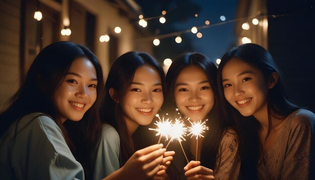 a group of girls holding sparklers with the words quot friends quot on the bottom