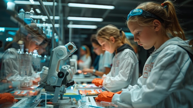 a group of girls looking at a microscope with the letters  w  on it