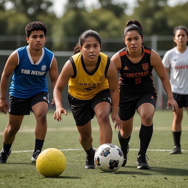 a group of girls playing soccer with one wearing a blue shirt that says quot sea quot