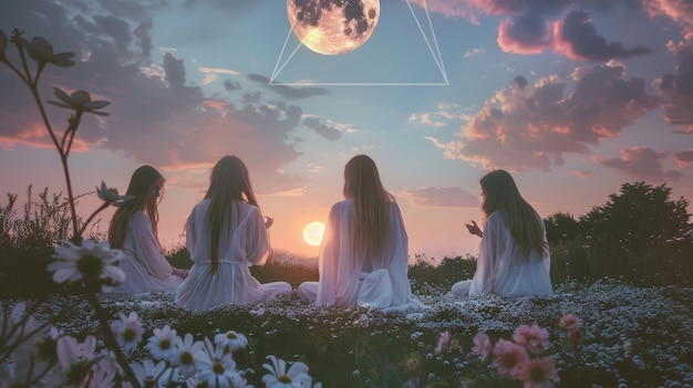 Photo a group of girls sit in a field of flowers and look at the moon