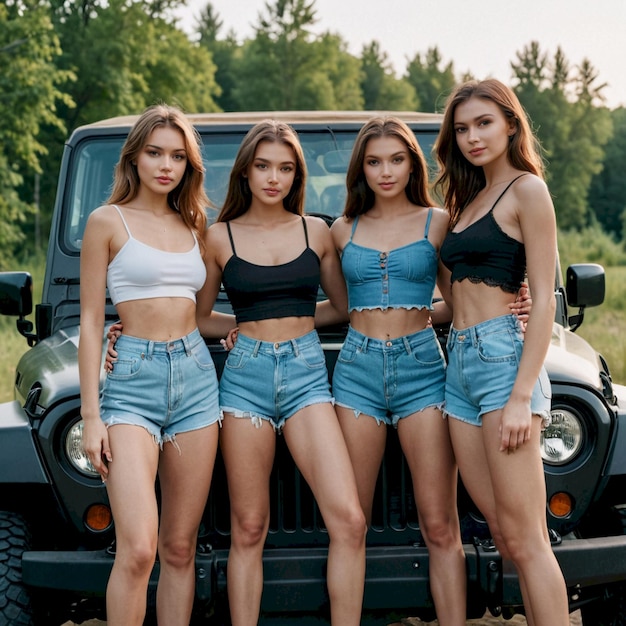 a group of girls sit on a jeep with the hood up