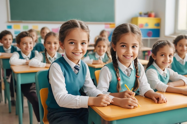 a group of girls sitting at a desk with one wearing a blue vest