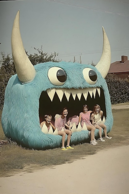 Photo a group of girls sitting in front of a monster with big eyes