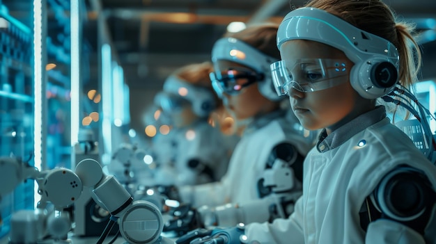 a group of girls in white coats are looking at a robot