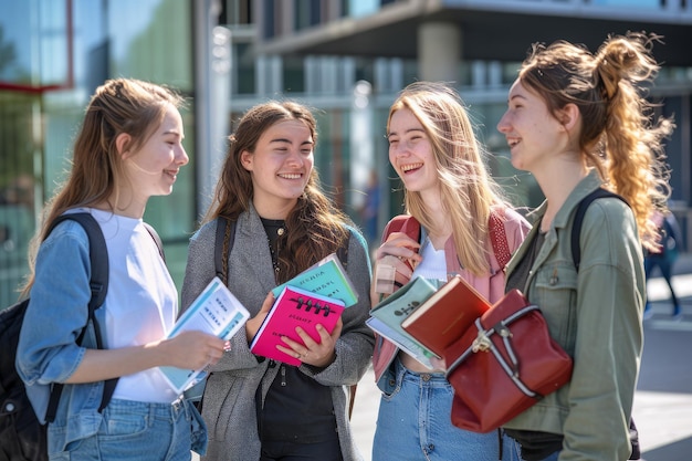 a group of girls with books and one has a green book titled  tp  on it