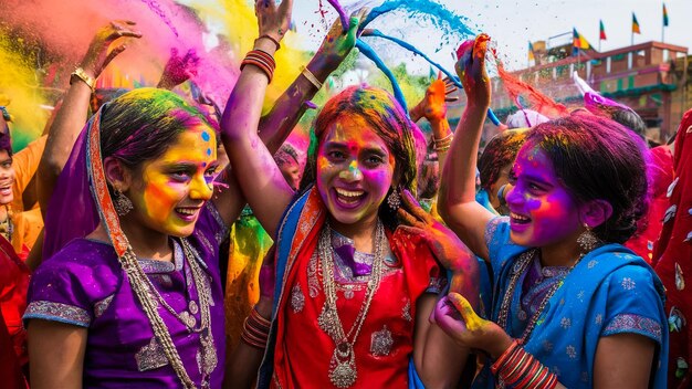 Photo a group of girls with colored paint are celebrating a festival