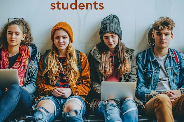 Photo a group of girls with a laptop and the word students written on the wall