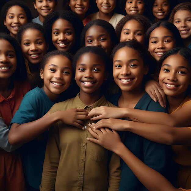 a group of girls with one wearing a yellow shirt that says  the word  on it