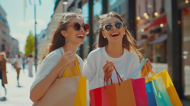 Photo a group of girls with sunglasses and a bag of shopping bags