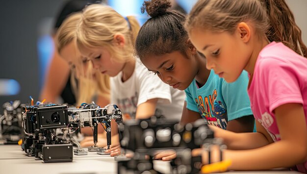 a group of girls work together with a robot made by the students