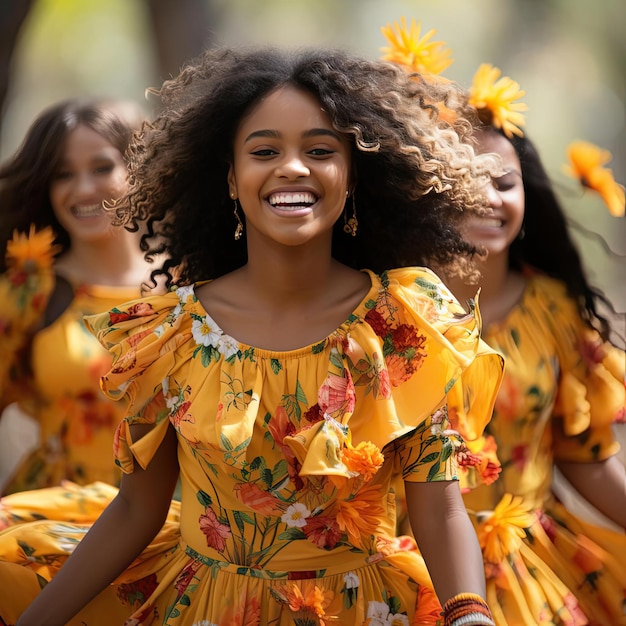 Group of girls in yellow dresses dancing and smiling