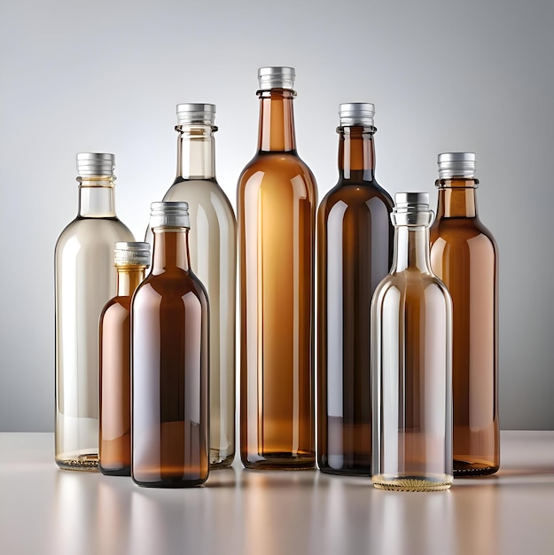 A group of glass bottles with silver caps perfect for showcasing your beverage or product